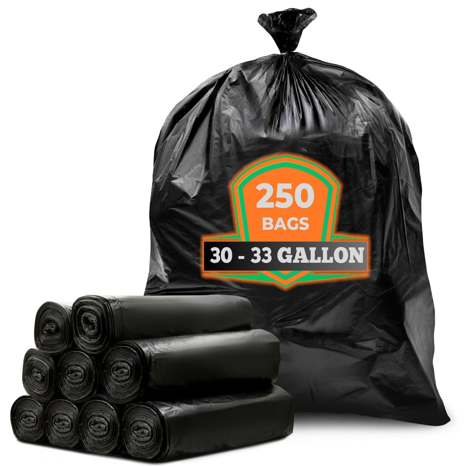 Tasker 30-33 Gallon Trash Bags (Value 250 Bags), Black Garbage Bags 30 Gallon - 32 Gallon - 33 Gallon - 35 Gallon. High Density Bags